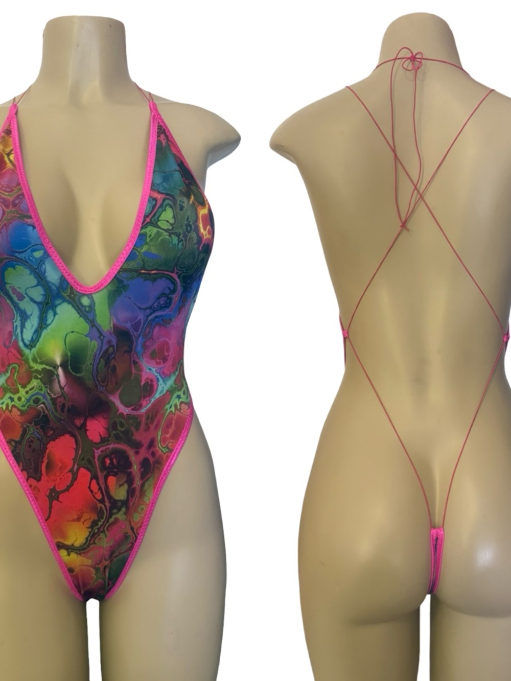 Raver chick  Neon Marble-Print One-Piece Swimsuit with Pink Trim